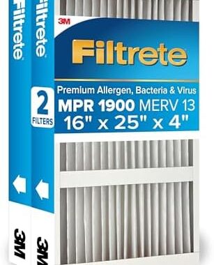 Filtrete Premium 16x25x4 MERV 13 Electrostatic AC Furnace Air Filter (2-Pack) – Ideal for Allergens, Bacteria & Viruses